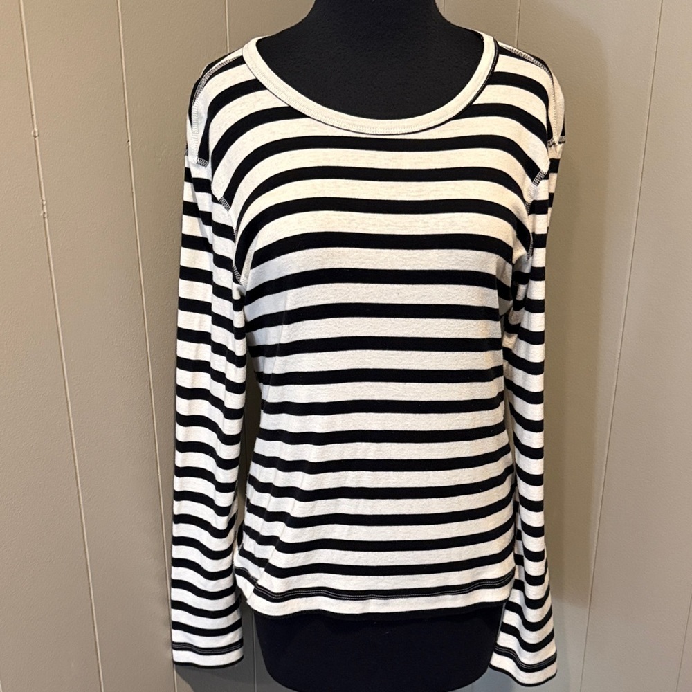 Three Dots Women Large Black and White Striped Long Sleeve Top